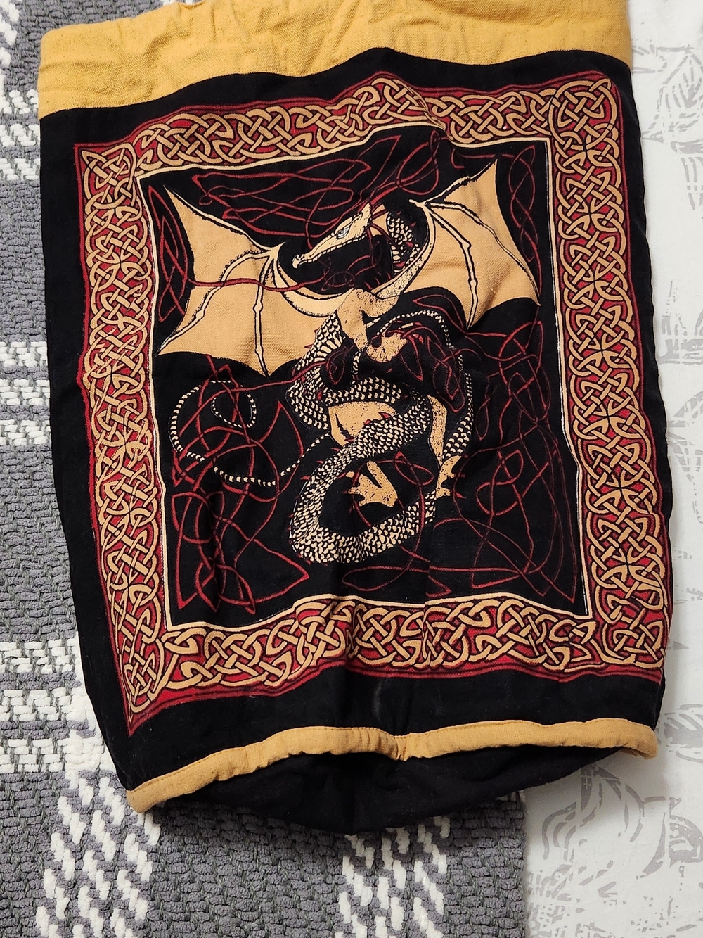Dragon Celtic Print Dtrawstring Bag in Black and Gold